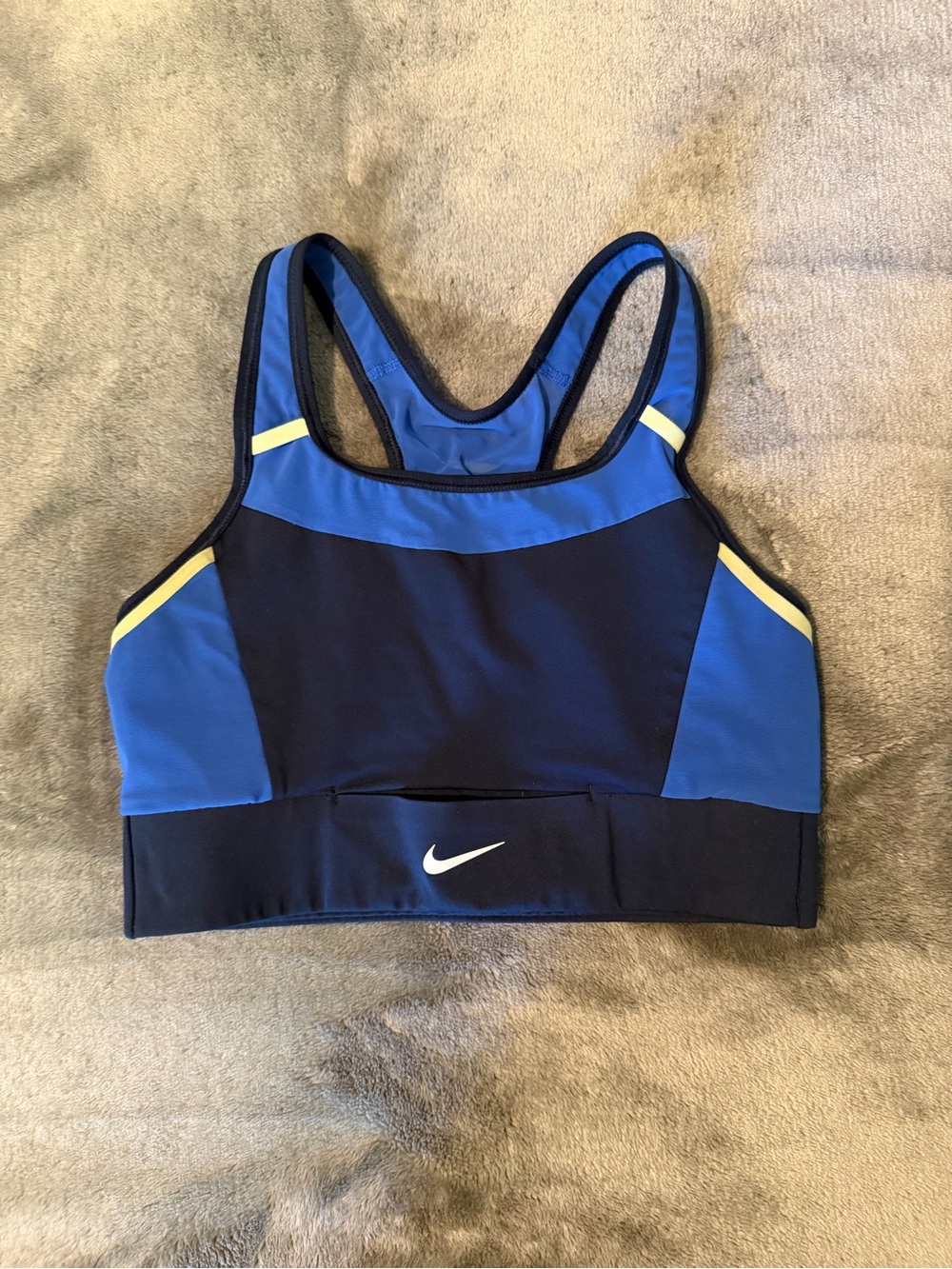 Nike Blue and Navy Sports Bra with Yellow Accents